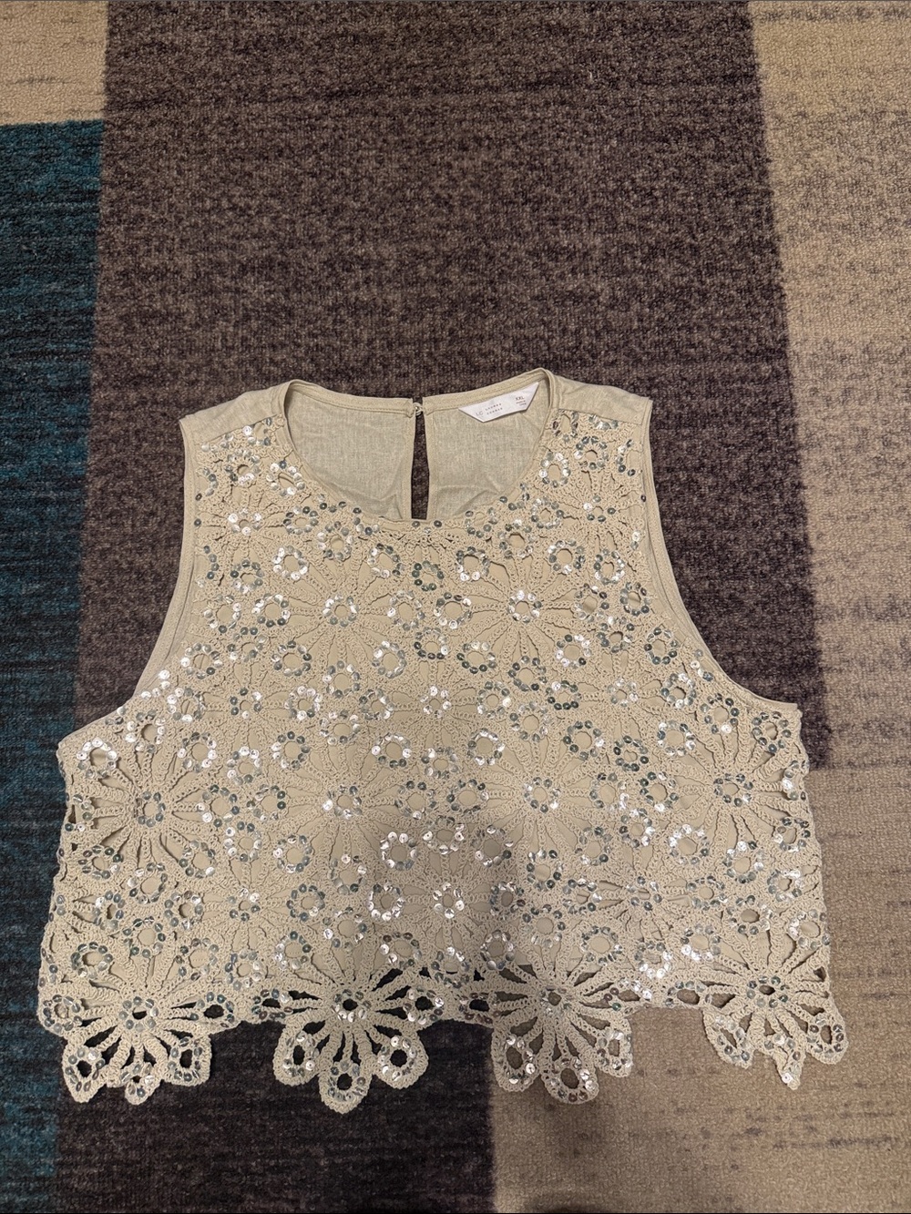 LC Lauren Conrad Beige Embroidered Lace Sequin Crop Tank
